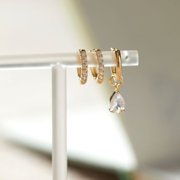 三件組 M45 滿鑽圈圈耳扣 針式耳扣 垂墜水滴圈圈耳環 精緻百搭多戴式耳環 法式耳環