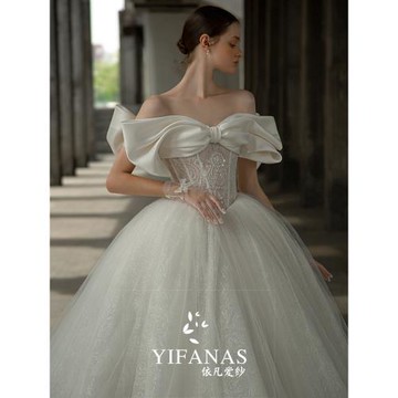 一字肩緞面法式春夏輕婚紗2025新款新娘主紗復古禮服高級質感拖尾