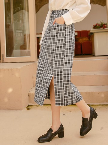 時髦格紋後腰鬆緊開衩A字中長裙