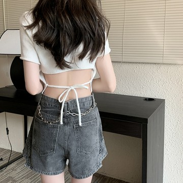 韓版美腰綁帶顯瘦短版上衣【T490】