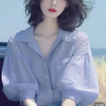 胖胖美依 上衣 短袖襯衫 雪紡衫 中大尺寸 S-3XL 新款翻領燈籠袖襯衫女設計感獨特別致寬鬆絕美半袖上衣-9123.