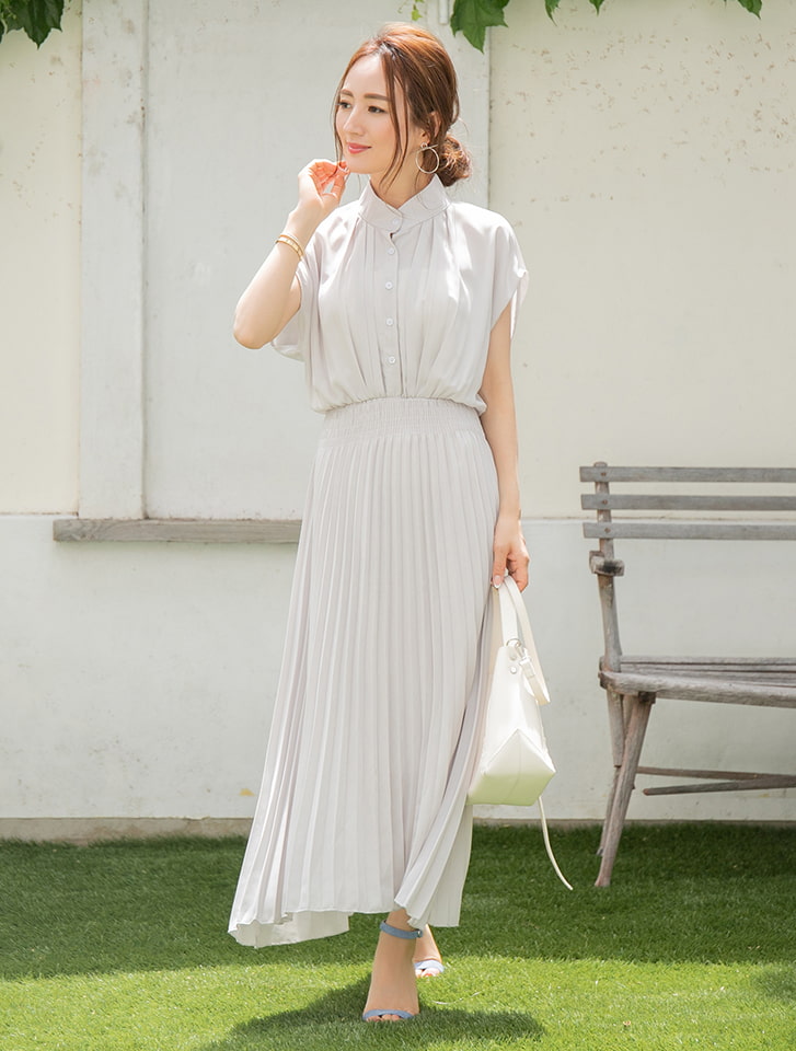 スタンドネックプリーツ切り替えシフォンワンピース 通販 Lineポイント最大1 0 Get Lineショッピング