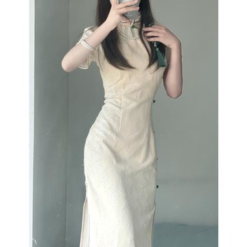 長款旗袍裙少女夏季2024新款改良日常素雅氣質年輕款高級感連衣裙