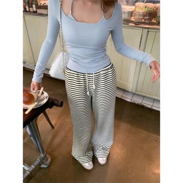 地球店黑白條紋毛巾褲加絨直筒褲女秋冬肌理感設計闊腿褲休閑褲子