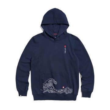 江戶勝 日系 男裝 經典海浪連帽長袖T恤(丈青色) #上衣