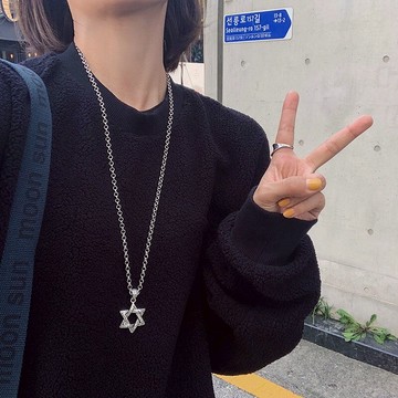 六芒星純銀項鏈男嘻哈蹦迪潮情侶小眾設計感ins吊墜女長款毛衣鏈