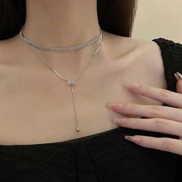 雙層蝴蝶結吊墜項鏈女夏甜酷風辣妹網紅頸鏈配飾年新款鎖骨鏈