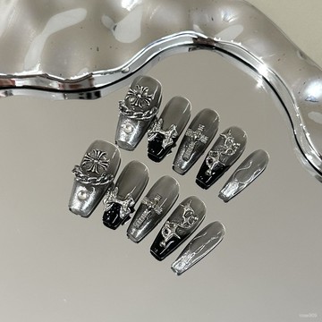 ➕最新設計款穿戴甲💅純手工穿戴甲片高級感灰色顯白美甲可拆卸黑色克羅心十字架輕奢華中梯穿戴甲 UCDE