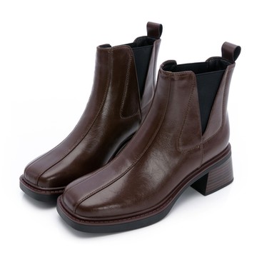 PLAYBOY 都會個性側V彈性真皮方楦短靴-PY0720咖