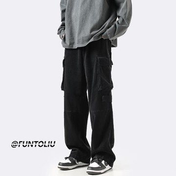 多口袋工裝褲男日系潮牌復古高街褲子春秋直筒休閑長褲寬松闊腿褲