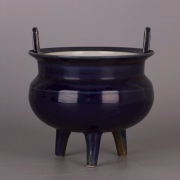 清 雍正年霽藍釉三足香爐鼎 仿古全手工瓷器收藏擺件古典客廳裝飾
