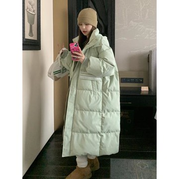 高級感炸街綠色連帽羽絨服女中長款2025年冬季新款90白鴨絨面包服