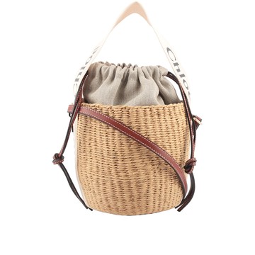 CHLOE' Woody 緞帶飾邊編織束口水桶包/自然色/白色