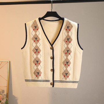 商場同款刺繡蝴蝶結馬甲開衫菱格提花短款背心外套春秋季疊穿坎肩