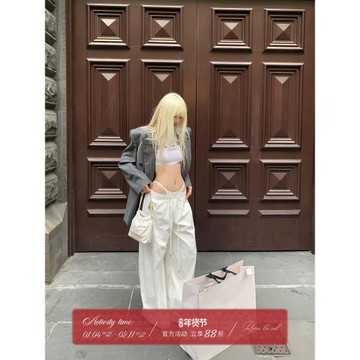 (免運)Rase le sol 假兩件腰頭拼接白色闊腿褲春寬松慵懶拖地直筒休閑褲