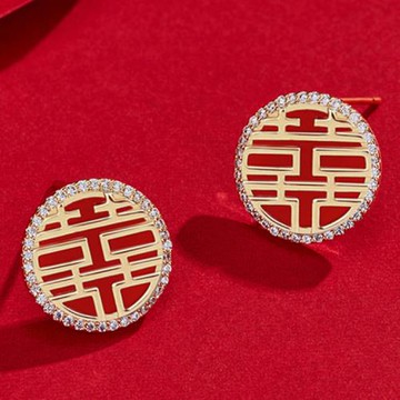 ANGEL 喜氣鈕扣紅滴油新年吉祥耳環(3色可選)