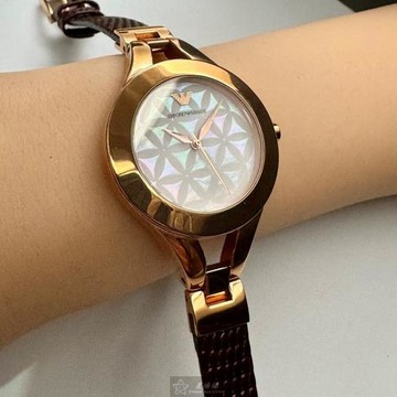 ARMANI 阿曼尼女錶 34mm 玫瑰金圓形精鋼錶殼 貝母中三針顯示, 花瓣紋路錶面款 AR00086