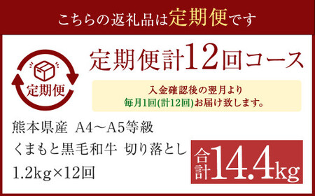  A4～A5等級 くまもと 黒毛和牛 切り落とし 合計約1.2kg ×12回 和牛 牛肉 熊本産