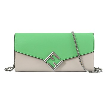 FENDI 8M0365 FF金屬LOGO撞色多卡斜背銀鏈包.綠/白