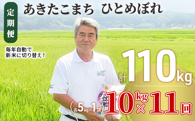 〈定期便〉 あきたこまち＆ひとめぼれ 食べ比べ 白米 10kg（各5kg）×11回 計110kg 11ヶ月 令和5年 精米 土づくり実証米 毎年11月より 新米 出荷