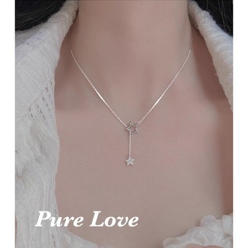 Pure Love樂芙 / 正韓 銀飾【S925純銀】N01132簡約通體純銀大小鏤空星星水鑽鎖骨鏈 短項鏈 / 銀