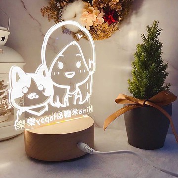 毛小孩與我【蠟筆風線條】原木Led夜燈藍芽喇叭  客製化夜燈