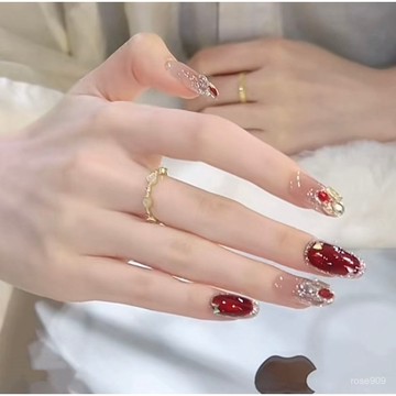 ➕最新設計款穿戴甲💅【醉石榴】純手工穿戴甲紅色貓眼帶鑽高級顯白純手作美甲貼10片裝長梯穿戴甲 2BWL