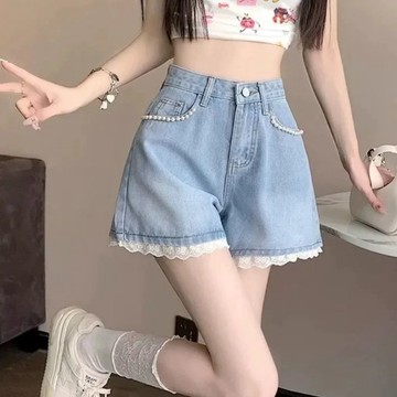 SY韓版釘珠蕾絲花邊牛仔短褲女夏季新款高腰A字短褲寬鬆顯瘦百搭小個子直筒闊腿褲子
