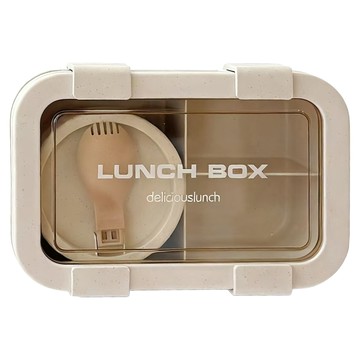 德利生活 可微波日式小麥秸稈三格便當盒 1L 附湯碗含蓋 + 叉匙  米色  1個