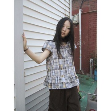 ang:project 5/28新品 復古撞色拼接格子小飛袖上衣