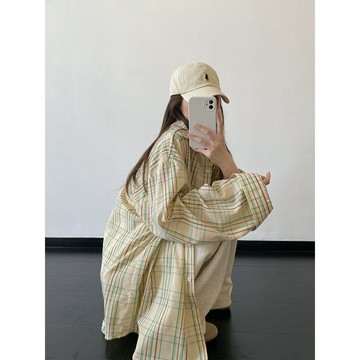花灰灰🌟美式檸檬黃 l 黃色 M-L寬版舒適輕薄設計感舒適格紋長袖襯衫外套 春季新款寬鬆顯瘦男友風格子防曬襯衫 罩衫