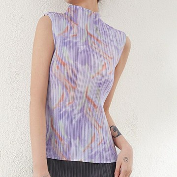 現貨+預購 三宅風上衣褶衣褶皺上衣高級折衣彈力女裝顯瘦摺衣大碼-印花無袖1色74lj21【獨家進口】【米蘭精品】