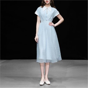 夏季女裝2024新款氣質天藍色收腰顯瘦格紋襯衫連衣裙紗裙長裙裙子