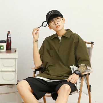 日系cityboy工裝半拉鏈polo衫短袖t恤男美式復古潮牌百搭五分半袖