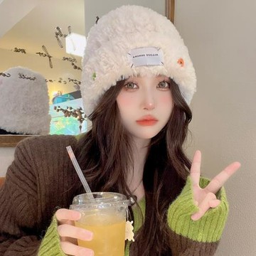 紐扣白鹿同款毛絨帽子女秋冬季新款百搭防寒保暖加厚顯臉小毛線帽
