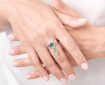 祖母綠14k訂婚結婚戒指套裝 花卉白金戒指組合 蘭花藤蔓長型戒指