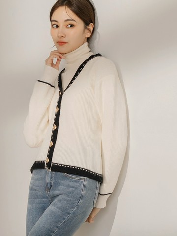 針織配色滾邊金屬釦上衣/外套