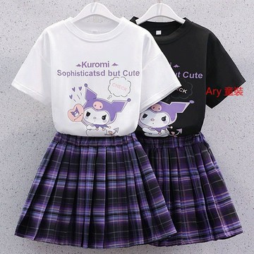 Aru 女童裙子 女童套裝 夏季網紅學院風 炸街童裝 洋氣少女學生霸氣百褶裙兩件套 女童可愛卡通短袖裙子套裝
