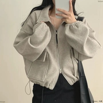 韓國chic秋冬減齡慵懶法式寬鬆雙口袋拉鍊翻領抽繩收腰短款外套女