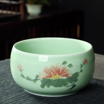 手繪青瓷大號茶洗帶蓋高款陶瓷茶渣缸水洗茶杯盆荷花缸水盂筆洗碗