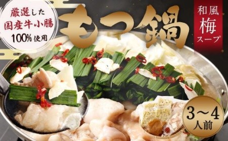 九州産 もつ鍋 梅～スープ（合計1.3kg／3～4人前） 国産牛 小腸 ちゃんぽん麺
