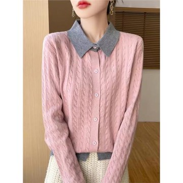 休閑減齡撞色POLO領針織開衫女外搭寬松2025新款翻領打底毛衣外套