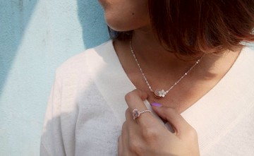 雕花粉晶,貝母花配黃銅半月 925純銀 項鍊 Pink quartz, mother pearl flower 925 silver necklace