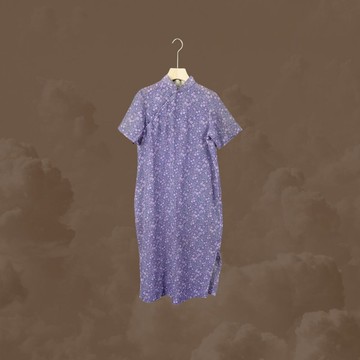 二手 薰衣草紫色 碎花 薄款 古董訂製 短袖 旗袍 CA1125