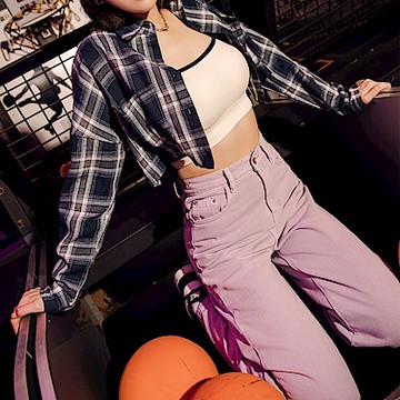 磨毛格子口袋短版襯衫-OB大尺碼