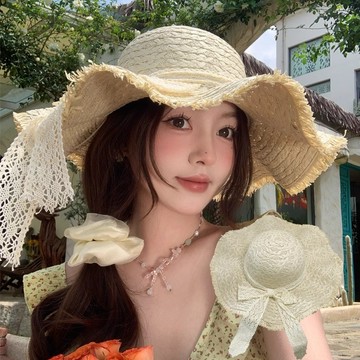 熱賣爆款法式蝴蝶結蕾絲大帽簷波浪形草帽女夏季海邊度假風草編遮陽太陽帽-L1001 ANU8