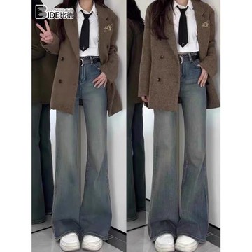 美式復古微喇牛仔褲女2025年春秋新款高腰小個子不貼腿彈力喇叭褲