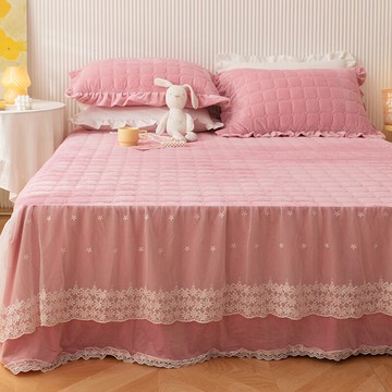 公主風牛奶絨床裙三件套冬季保暖加厚夾棉床罩少女粉色蕾絲花邊裙