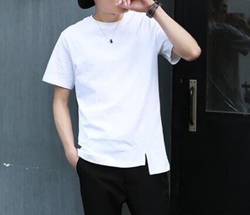 FINDSENSE MD 韓國 潮 男 時尚 純棉 純色素面 簡約 開叉不規則 短袖T恤 打底衫 上衣