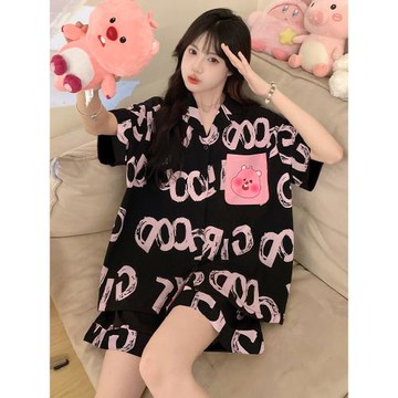 帶胸墊一體睡衣女款夏季露比可愛短袖三件套黑色大碼家居服春秋天